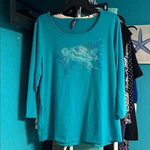 Turquoise Long Sleeve Top with Turtle Design